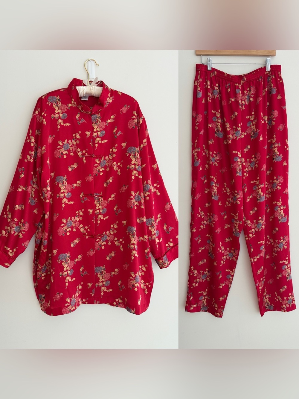 VINTAGE Versailles The Bay 2 Piece Pajamas Top & Pants Asian Style Satin Floral